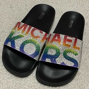 Michael Kors Gilmore Rainbow White Crystal Slides Slippers Women's Size 8M NWOT